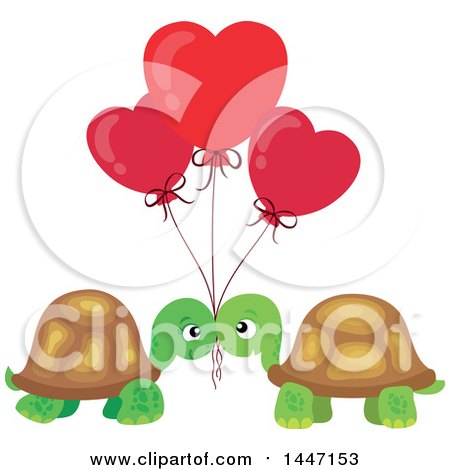 Clipart of a Cute Turtle Valentine Couple Under Heart Balloons - Royalty Free Vector Illustration by visekart