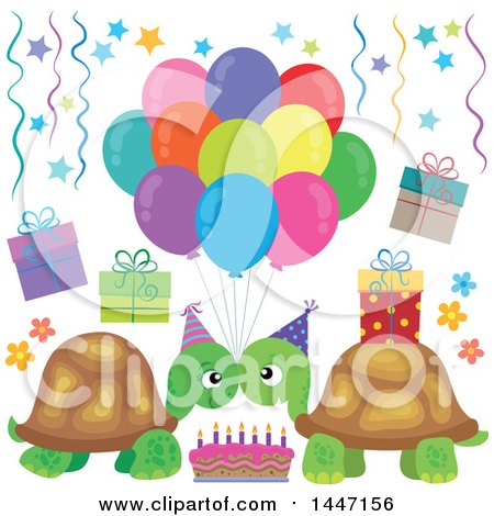 Clipart of a Cute Tortoise Turtle Couple Celebrating a Birthday Party - Royalty Free Vector Illustration by visekart