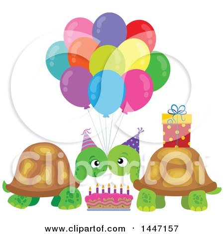 Clipart of a Cute Tortoise Turtle Couple Celebrating at a Birthday Party - Royalty Free Vector Illustration by visekart
