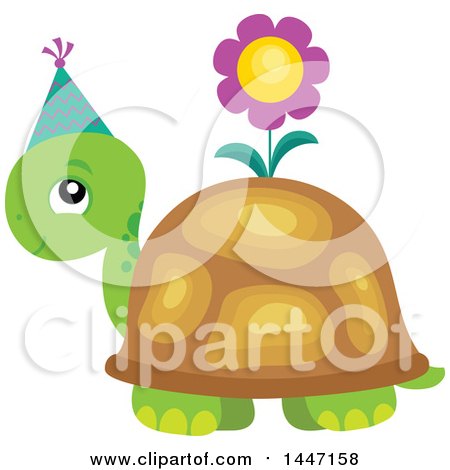 Clipart of a Cute Party Tortoise Turtle Wearing a Party Hat, with a Flower on His Shell - Royalty Free Vector Illustration by visekart