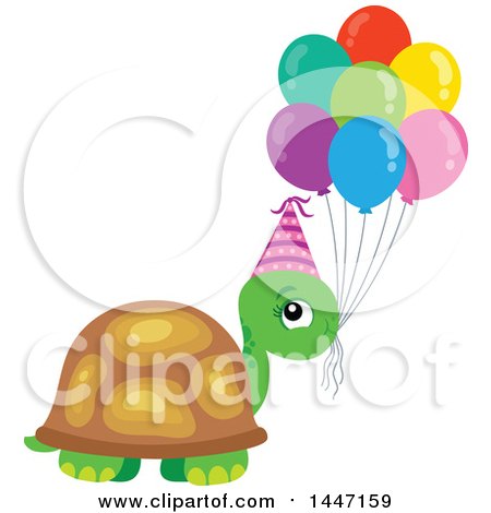 Clipart of a Cute Party Tortoise Turtle Wearing a Party Hat, with Birthday Balloons - Royalty Free Vector Illustration by visekart