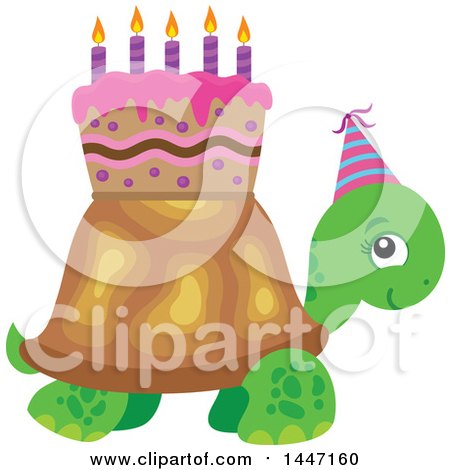 Clipart of a Cute Party Tortoise Turtle Wearing a Party Hat, with a Birthday Cake on His Shell - Royalty Free Vector Illustration by visekart