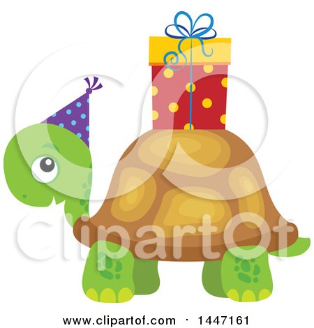 Clipart of a Cute Party Tortoise Turtle Wearing a Party Hat, with a Birthday Gift on His Shell - Royalty Free Vector Illustration by visekart