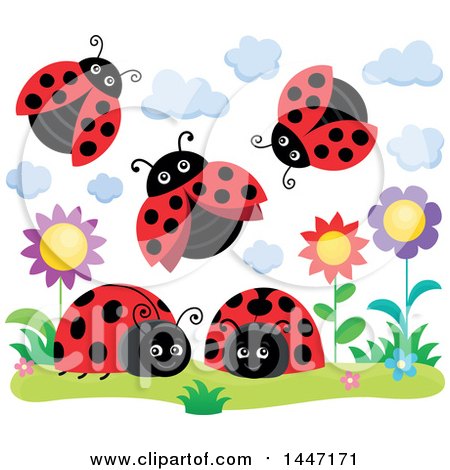 Clipart of a Group of Ladybugs and Flowers - Royalty Free Vector Illustration by visekart