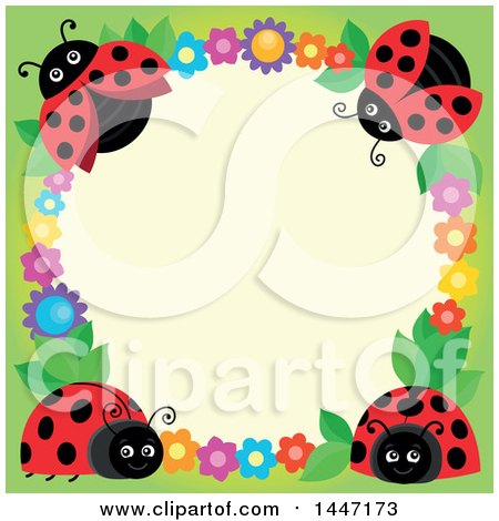 Clipart of a Cute Ladybug and Flower Frame on Beige and Green - Royalty Free Vector Illustration by visekart