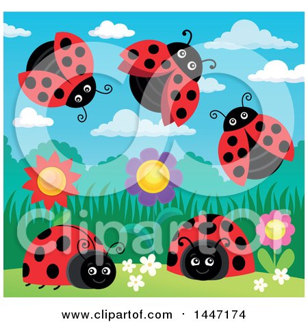 Clipart of a Group of Ladybugs and Flowers in a Garden - Royalty Free Vector Illustration by visekart