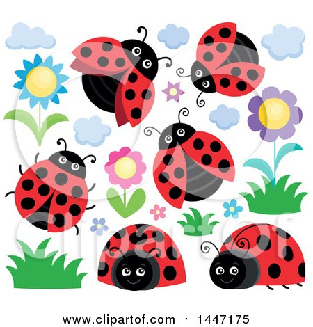 Clipart of Ladybugs and Flowers - Royalty Free Vector Illustration by visekart