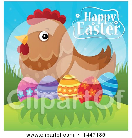 Clipart of a Happy Easter Greeting with a Hen and Eggs on a Nest - Royalty Free Vector Illustration by visekart