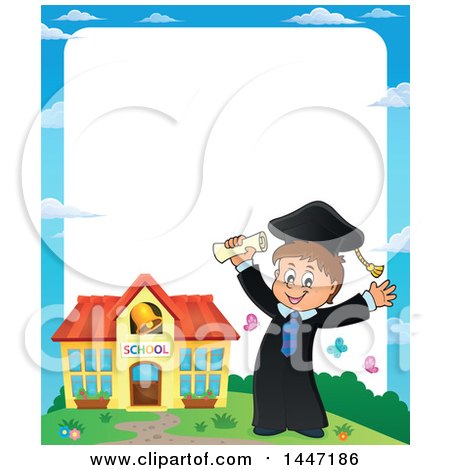 Clipart of a Border of a Cartoon Caucasian Boy Graduate Cheering by a School - Royalty Free Vector Illustration by visekart