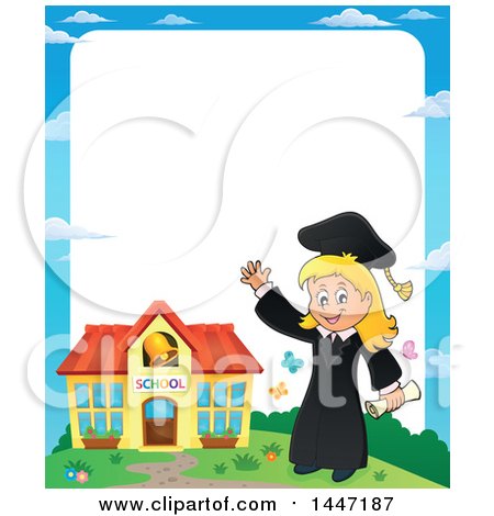Clipart of a Border of a Cartoon Caucasian Girl Graduate by a School - Royalty Free Vector Illustration by visekart