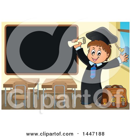 Clipart of a Cartoon Caucasian Boy Graduate Cheering by a Black Board - Royalty Free Vector Illustration by visekart