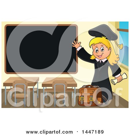 Clipart of a Cartoon Caucasian Girl Graduate Waving by a Black Board - Royalty Free Vector Illustration by visekart