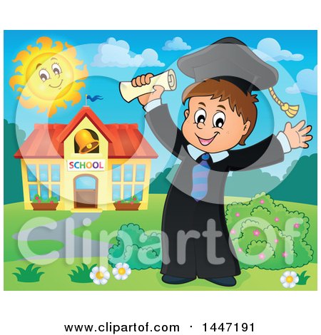 Clipart of a Cartoon Caucasian Boy Graduate Cheering by a School - Royalty Free Vector Illustration by visekart