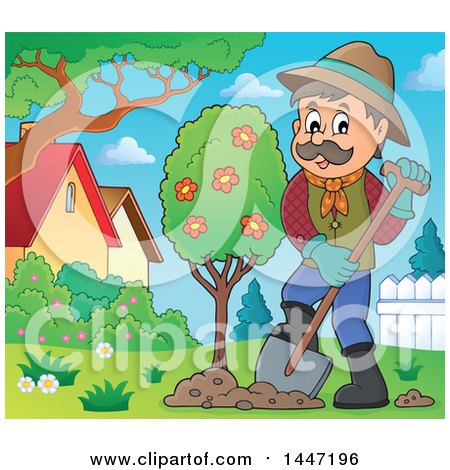 Clipart of a Cartoon Caucasian Male Gardener Planting a Tree in a Yard - Royalty Free Vector Illustration by visekart