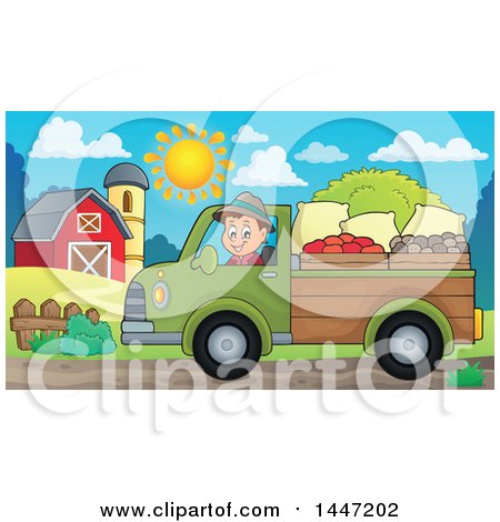 Clipart of a Cartoon Caucasian Male Farmer Transporting His Food in a Pickup Truck - Royalty Free Vector Illustration by visekart