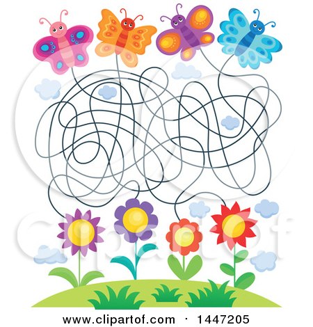 Clipart of a Maze Game of Butterflies and Flowers - Royalty Free Vector Illustration by visekart