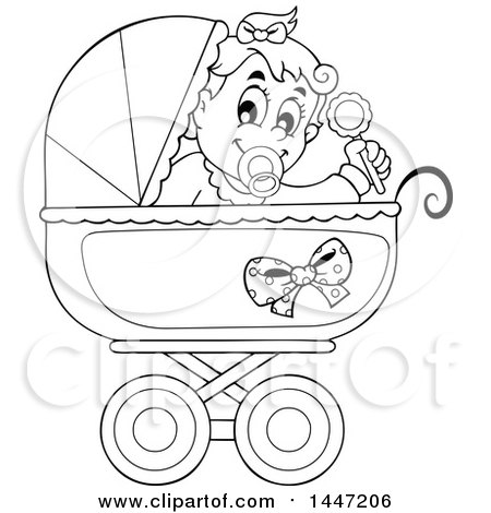 Clipart of a Black and White Lineart Baby Girl Playing with a Rattle in a Baby Stroller - Royalty Free Vector Illustration by visekart