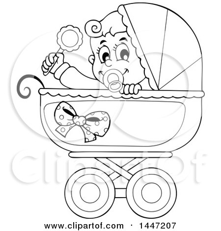 Clipart of a Black and White Lineart Baby Boy Playing with a Rattle in a Baby Stroller - Royalty Free Vector Illustration by visekart