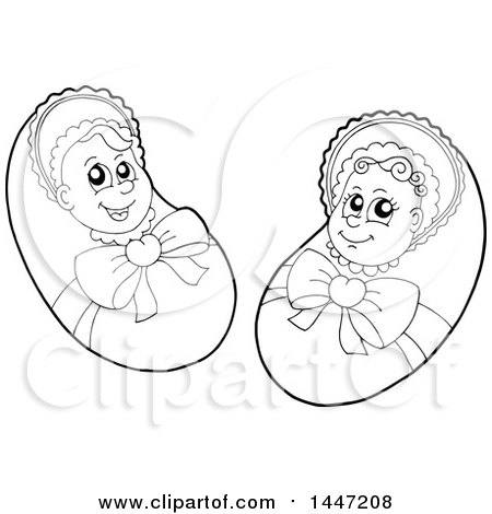 Clipart of Black and White Lineart Bundled Babies - Royalty Free Vector Illustration by visekart