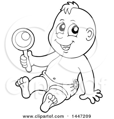 Clipart of a Black and White Lineart Baby Boy Playing with a Rattle - Royalty Free Vector Illustration by visekart