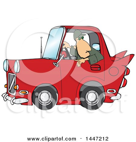 Clipart of a Cartoon Caucasian Guy Backing up a Red Classic Car - Royalty Free Vector Illustration by djart