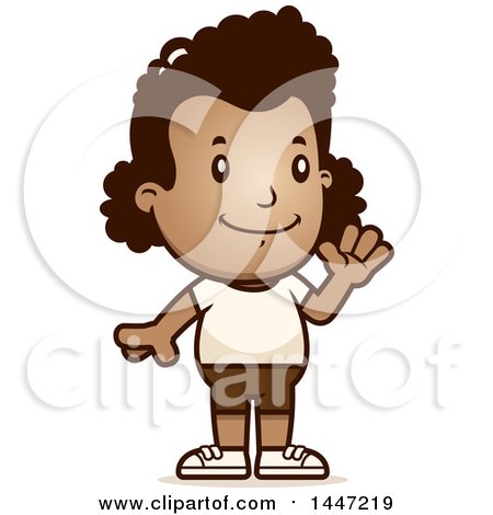 Clipart of a Retro Waving African American Girl in Shorts - Royalty Free Vector Illustration by Cory Thoman