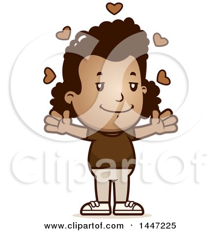 Clipart of a Retro African American Girl with Open Arms and Love Hearts - Royalty Free Vector Illustration by Cory Thoman