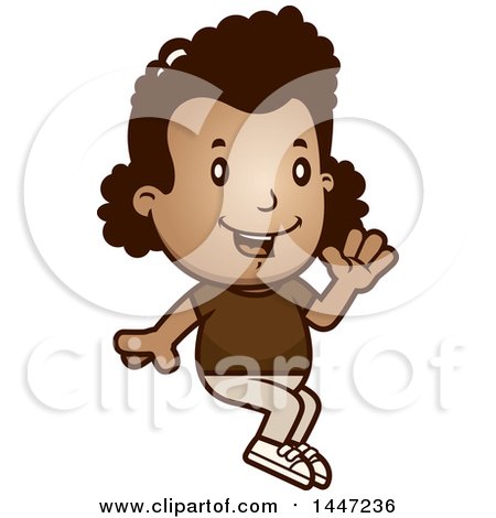 Clipart of a Retro African American Girl Sitting and Waving - Royalty Free Vector Illustration by Cory Thoman