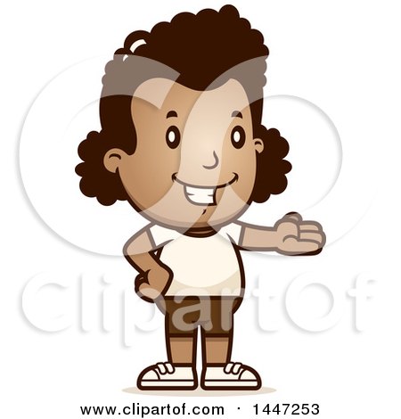 Clipart of a Retro Presenting African American Girl in Shorts - Royalty Free Vector Illustration by Cory Thoman