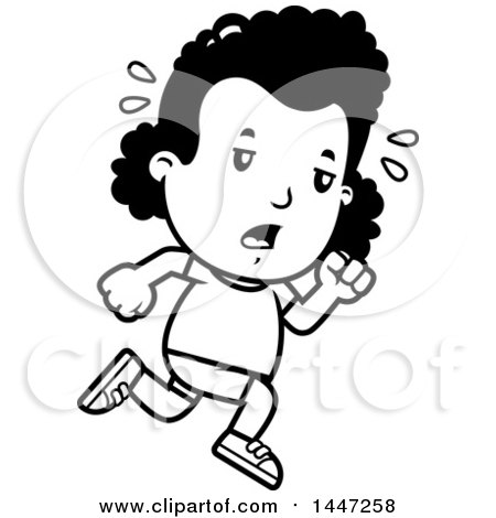 Clipart of a Retro Black and White Tired African American Girl Running in Shorts - Royalty Free Vector Illustration by Cory Thoman