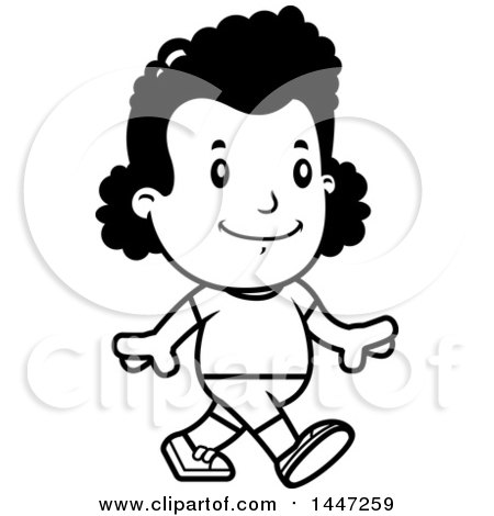 Clipart of a Retro Black and White African American Girl Walking in Shorts - Royalty Free Vector Illustration by Cory Thoman