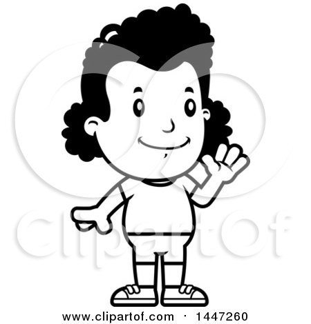 Clipart of a Retro Black and White Waving African American Girl in Shorts - Royalty Free Vector Illustration by Cory Thoman