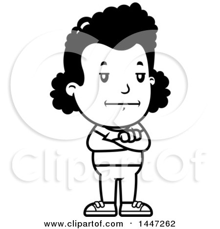 Clipart of a Retro Black and White Bored or Stubborn African American Girl Standing with Folded Arms - Royalty Free Vector Illustration by Cory Thoman