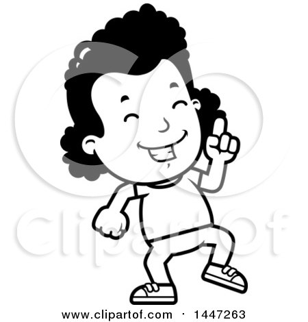 Clipart of a Retro Black and White African American Girl Doing a Happy Dance - Royalty Free Vector Illustration by Cory Thoman