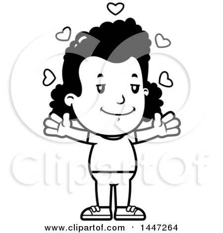 Clipart of a Retro Black and White African American Girl with Open Arms and Love Hearts - Royalty Free Vector Illustration by Cory Thoman