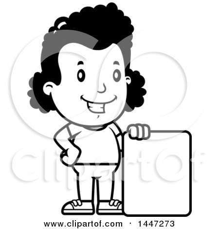 Clipart of a Retro Black and White African American Girl with a Blank Sign - Royalty Free Vector Illustration by Cory Thoman
