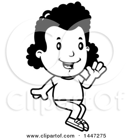 Clipart of a Retro Black and White African American Girl Sitting and Waving - Royalty Free Vector Illustration by Cory Thoman
