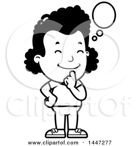 Clipart of a Retro Black and White African American Girl Thinking - Royalty Free Vector Illustration by Cory Thoman