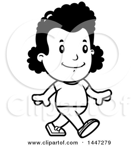 Clipart of a Retro Black and White African American Girl Walking - Royalty Free Vector Illustration by Cory Thoman