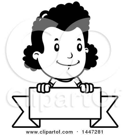 Clipart of a Retro Black and White Black and White African American Girl over a Blank Ribbon Banner - Royalty Free Vector Illustration by Cory Thoman