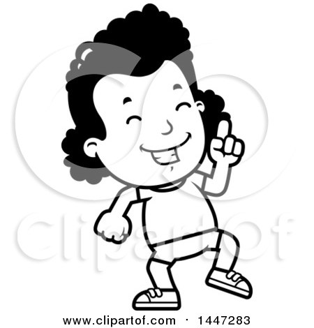 Clipart of a Retro Black and White African American Girl in Shorts, Doing a Happy Dance - Royalty Free Vector Illustration by Cory Thoman