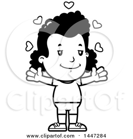 Clipart of a Retro Black and White African American Girl in Shorts, with Open Arms and Love Hearts - Royalty Free Vector Illustration by Cory Thoman