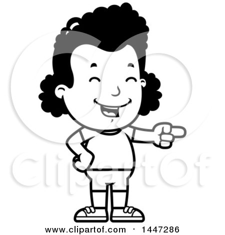 Clipart of a Retro Black and White African American Girl in Shorts, Laughing and Pointing - Royalty Free Vector Illustration by Cory Thoman