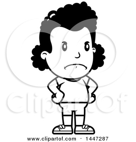 Clipart of a Retro Black and White Angry African American Girl in Shorts, with Hands on Her Hips - Royalty Free Vector Illustration by Cory Thoman