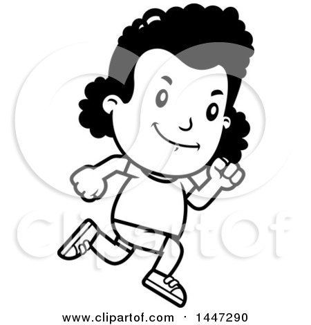 Clipart of a Retro Black and White African American Girl Running in Shorts - Royalty Free Vector Illustration by Cory Thoman