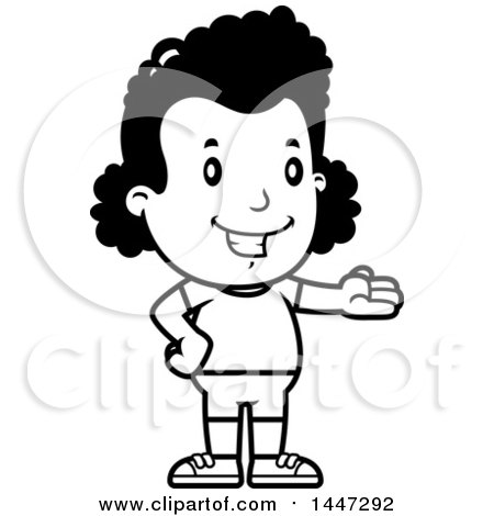 Clipart of a Retro Black and White Presenting African American Girl in Shorts - Royalty Free Vector Illustration by Cory Thoman