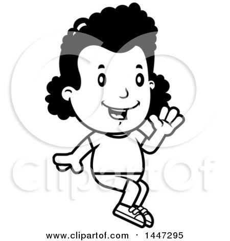 Clipart of a Retro Black and White African American Girl Sitting and Waving in Shorts - Royalty Free Vector Illustration by Cory Thoman