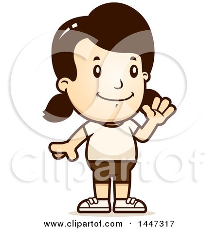 Clipart of a Retro Waving Caucasian Girl in Shorts - Royalty Free Vector Illustration by Cory Thoman