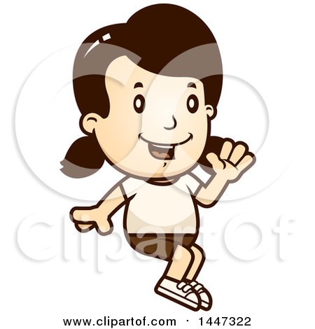 Clipart of a Retro Caucasian Girl Sitting and Waving in Shorts - Royalty Free Vector Illustration by Cory Thoman