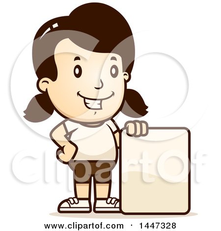 Clipart of a Retro Caucasian Girl in Shorts, with a Blank Sign - Royalty Free Vector Illustration by Cory Thoman